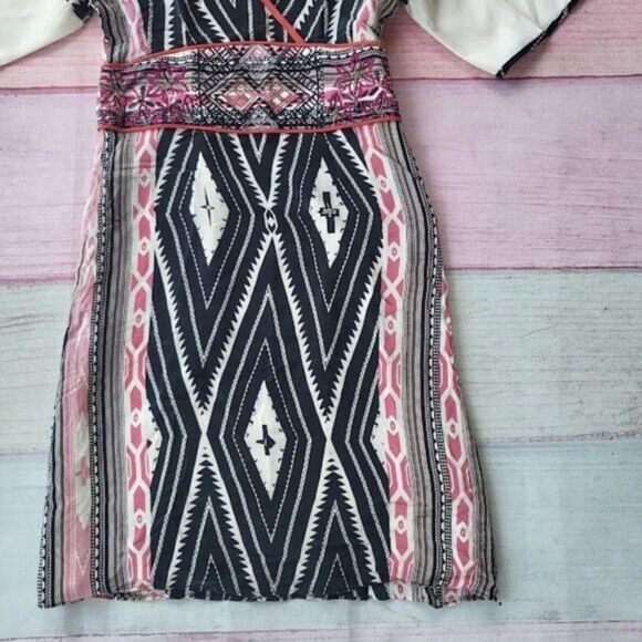 Etro Black/White Diamond Geometric Embroidered Silk Kimono Sleeve Mini Dress XS - Picture 3 of 7